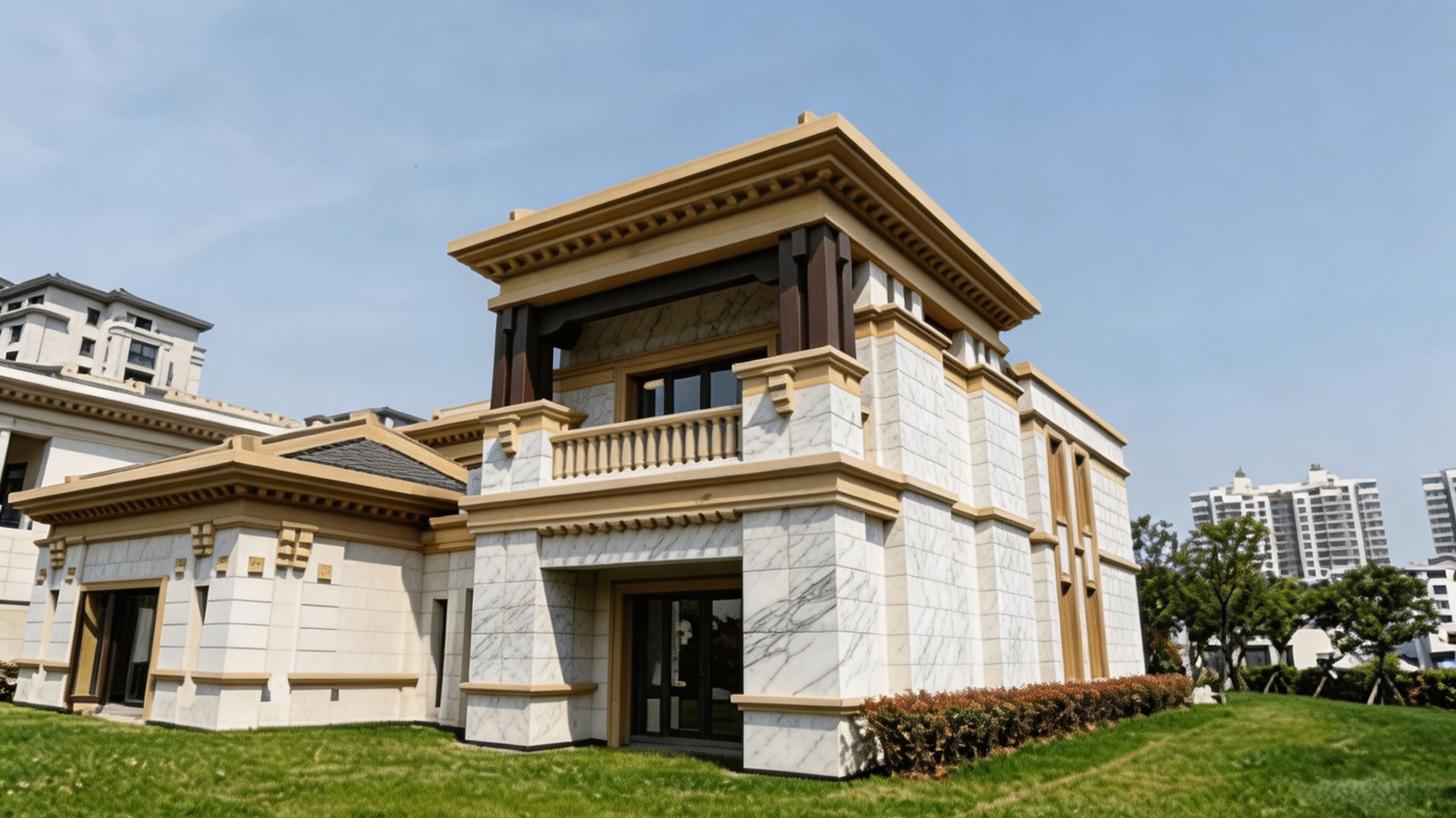 Luxury Saudi villa interior with warm Calacatta marble